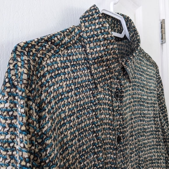 LINE 100% silk abstract print shirt blouse blue brown size Large @T1 - Picture 9 of 10